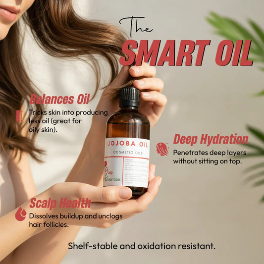 Jojoba oil cosmetic bottle held by hand, highlighting benefits for hydration, oil balance, scalp health