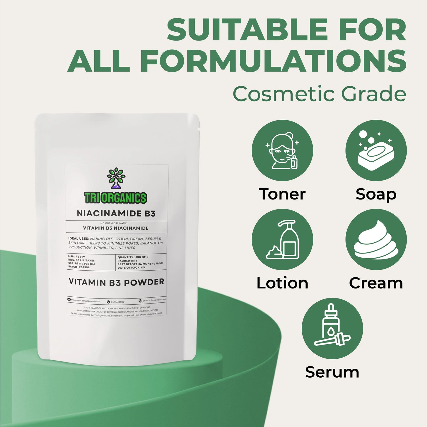 Niacinamide B3 vitamin powder for skincare formulations, cosmetic grade, suitable for toner, soap, lotion, cream, serum.