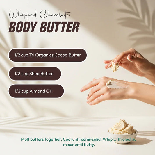 Hand applying whipped body butter with text recipe listing cocoa butter, shea butter, almond oil.