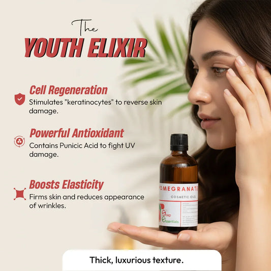 Woman applying skincare with a bottle of pomegranate cosmetic oil, highlighting cell regeneration, antioxidant, and elasticity benefits.