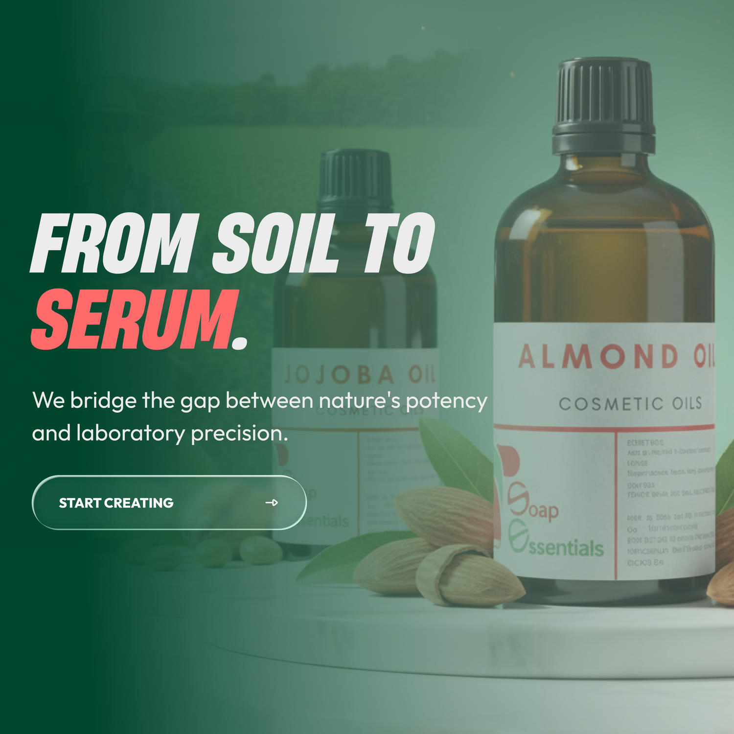 Cosmetic oils with almond and argan labels on a green background, scientist in lab coat holding a bottle.