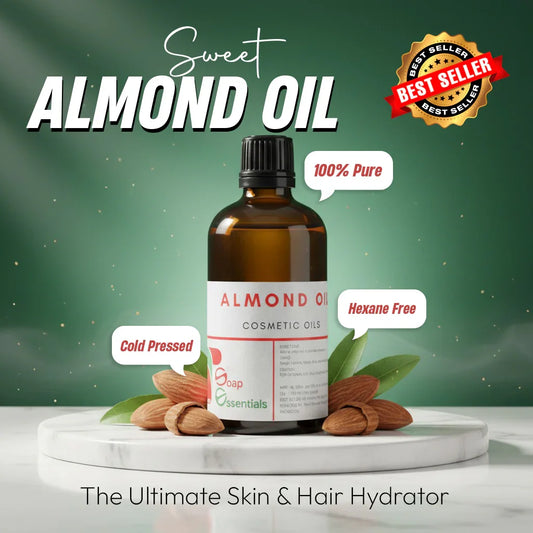 Brown bottle of sweet almond oil cosmetic oil with almonds, labeled cold pressed, 100% pure, hexane free.