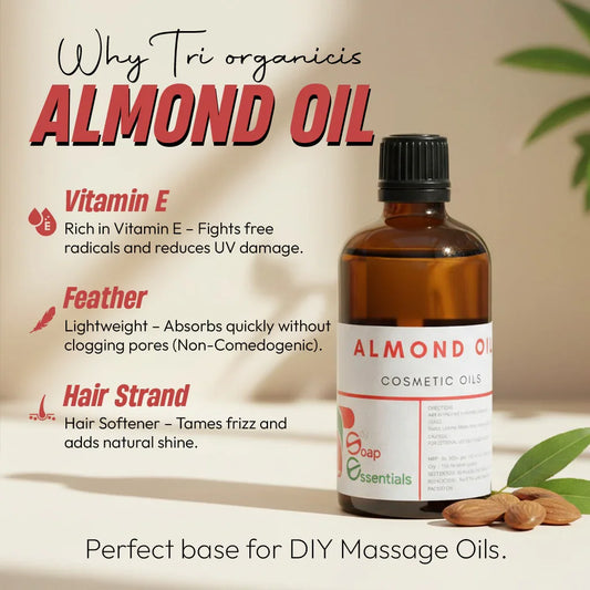 Almond oil cosmetic bottle with almonds, highlighting vitamin E benefits, lightweight texture, and hair care use.