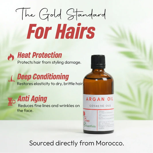 Argan oil cosmetic bottle for hair heat protection, deep conditioning, and anti-aging benefits.