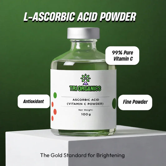 Glass bottle of L-ascorbic acid powder, 99% pure vitamin C, antioxidant, skincare ingredient