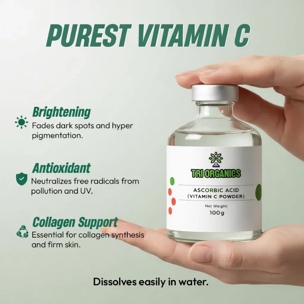 Hand holding a jar of pure ascorbic acid vitamin C powder with skincare benefits listed.