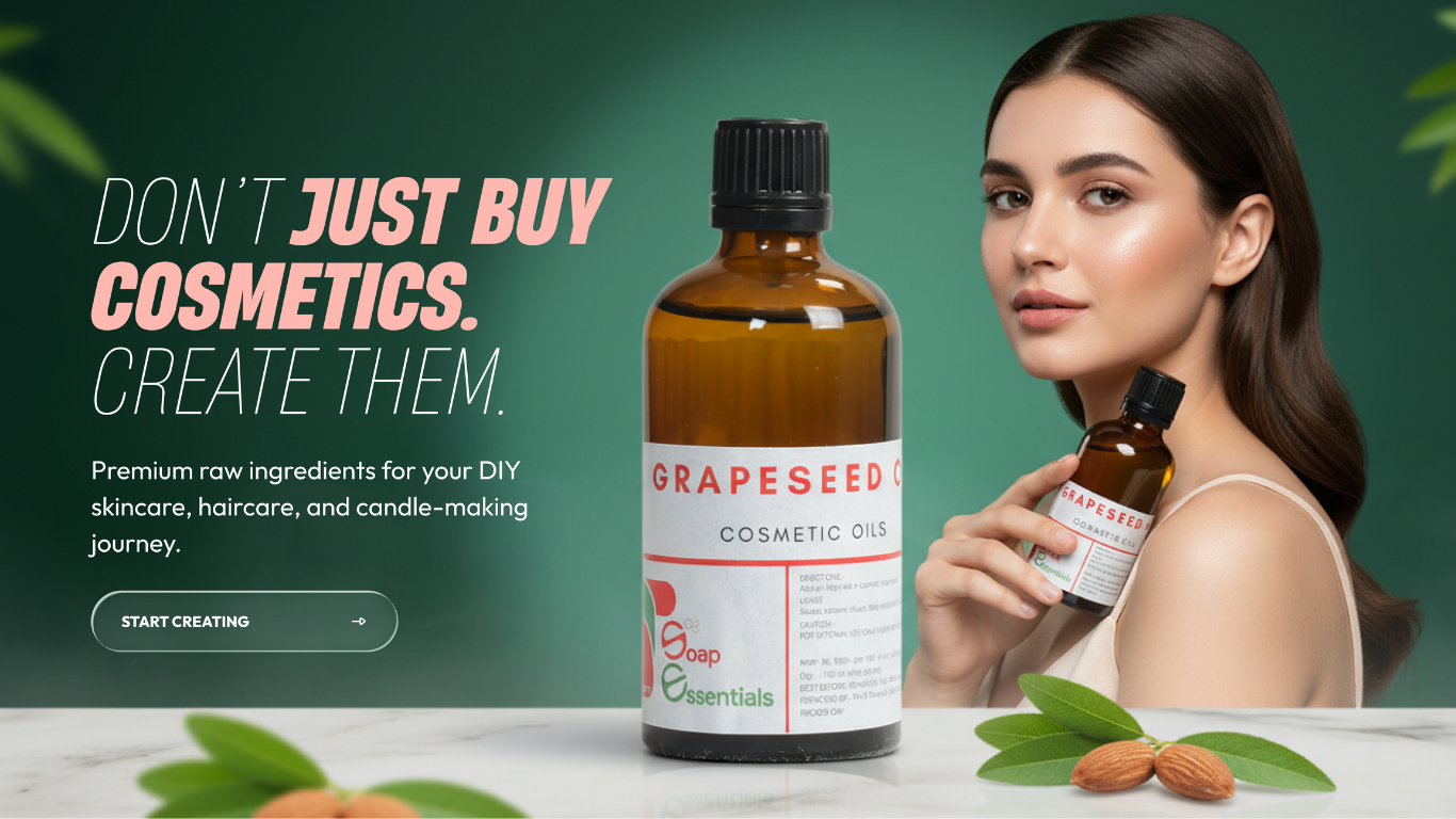 Woman holding a bottle of Grapeseed Cosmetic Oil with text about creating cosmetics using premium raw ingredients.