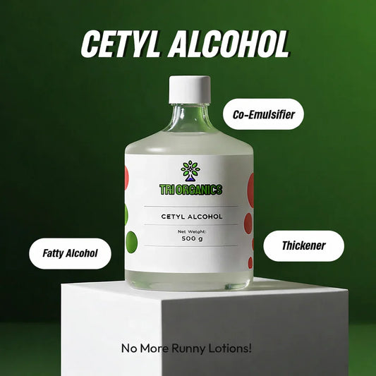 500g bottle of cetyl alcohol with green and red dots, labeled as thickener, co-emulsifier, fatty alcohol.
