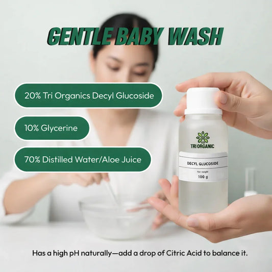 Person holding Decyl Glucoside bottle, gentle baby wash ingredients listed, DIY skincare.