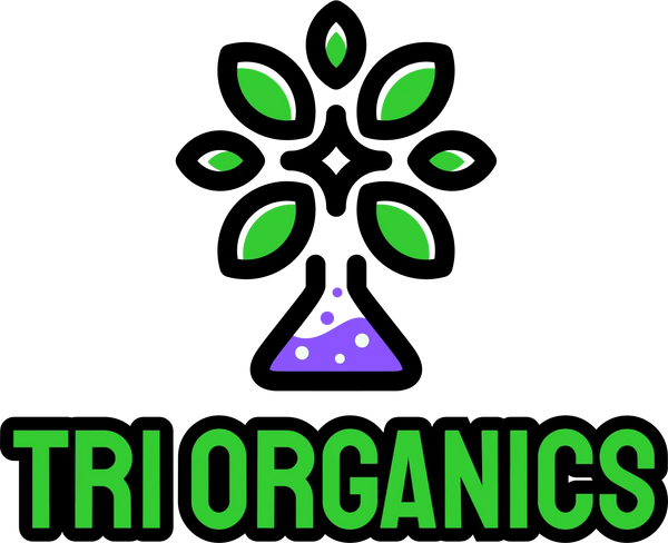 Logo with green leaves, a purple chemistry flask, and bold green text for natural skincare.