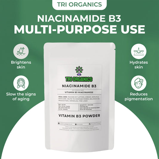 Niacinamide B3 powder pouch for skincare, showing benefits like brightening and hydrating skin.