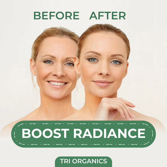 Before and after comparison of women’s faces showing boosted skin radiance, skincare concept.