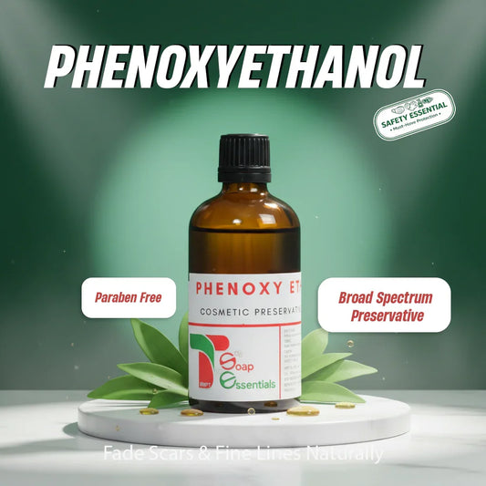 Phenoxyethanol cosmetic preservative bottle with label, paraben free and broad spectrum features.