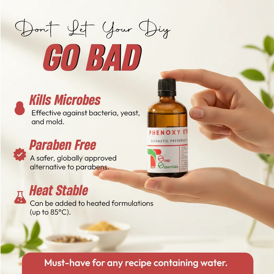 Hand holding Phenoxy Ethanol cosmetic preservative bottle, paraben-free, kills microbes, heat stable.