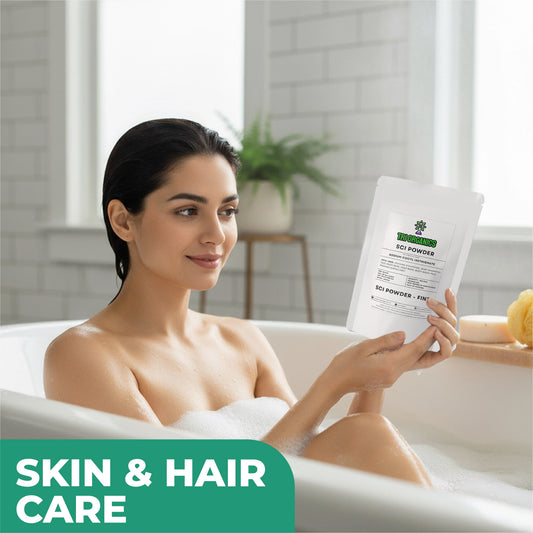 Woman in bath holding SCI powder pouch, skin and hair care product, modern bathroom setting
