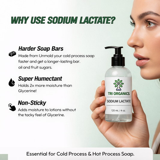 Tri Organics sodium lactate bottle held by a hand with product benefits listed on a light green background.
