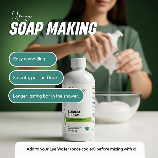 Sodium shjow bottle for soap making on table, person pouring liquid into a bowl, benefits highlighted.