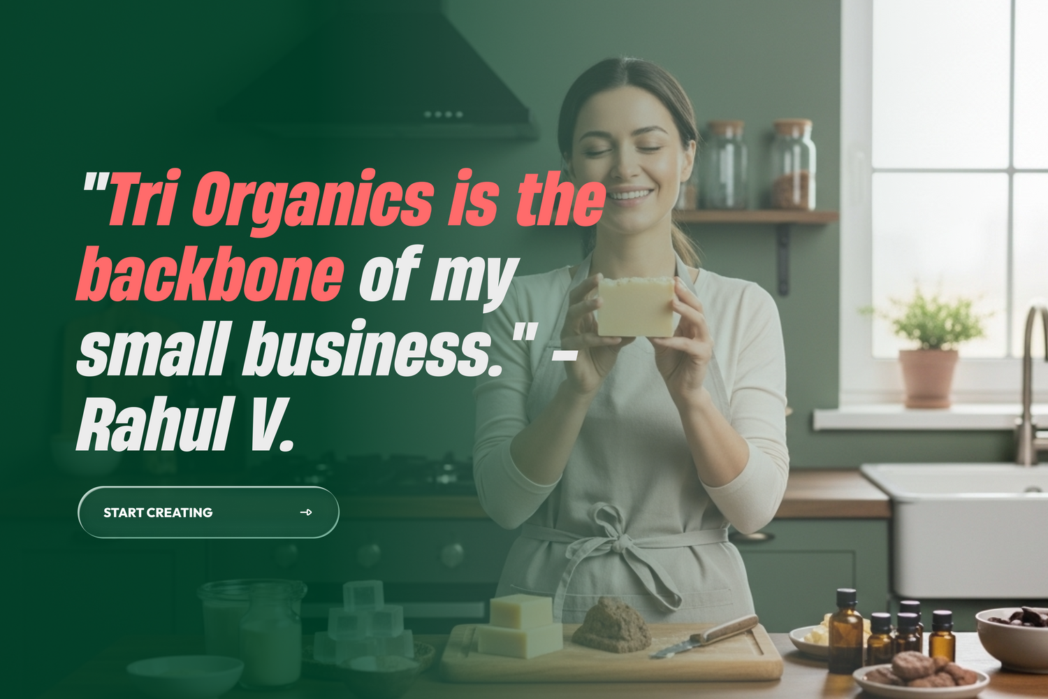 Woman in a kitchen holding a mug with text about Tri Organics and a quote from Rahul V.