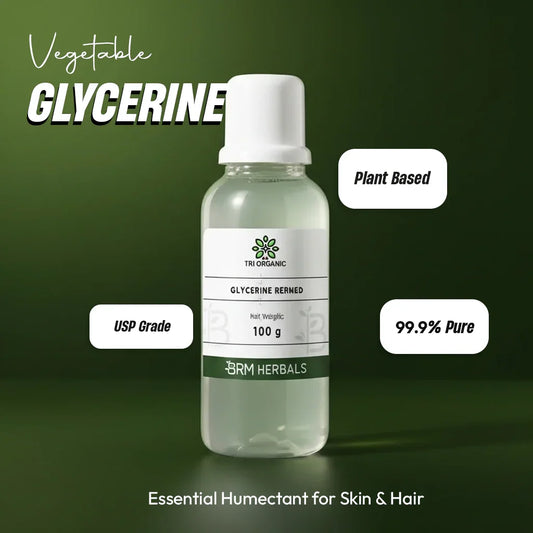 Clear bottle of vegetable glycerine, 100g, plant-based, USP grade, 99.9% pure, for skin and hair.