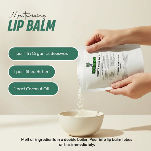 Hand pouring white beeswax pellets into a bowl for DIY moisturizing lip balm recipe.