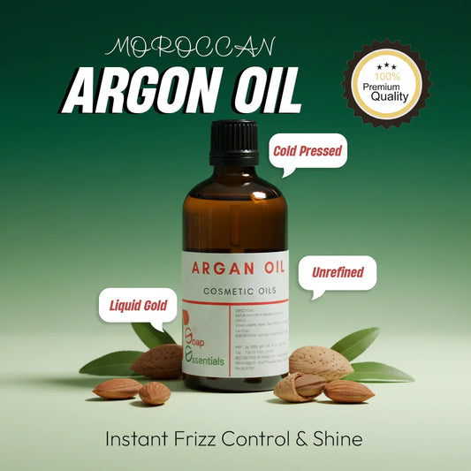 Moroccan argan oil bottle with almonds, labeled cold pressed, unrefined, for frizz control.