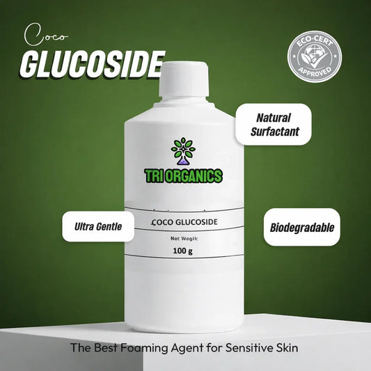 Coco glucoside bottle labeled as natural surfactant, ultra gentle, and biodegradable on green background.
