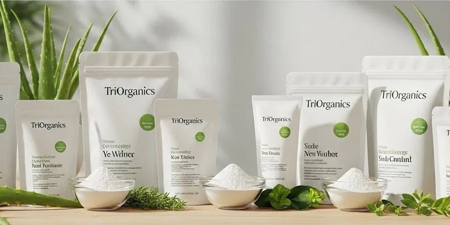 Assorted TriOrganics skincare ingredient powders and emulsifiers in pouches on a wooden table