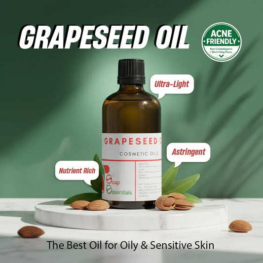Grapeseed oil cosmetic bottle on marble tray with almonds, labeled as acne-friendly, nutrient rich, ultra-light, and astringent, ideal for oily and sensitive skin.