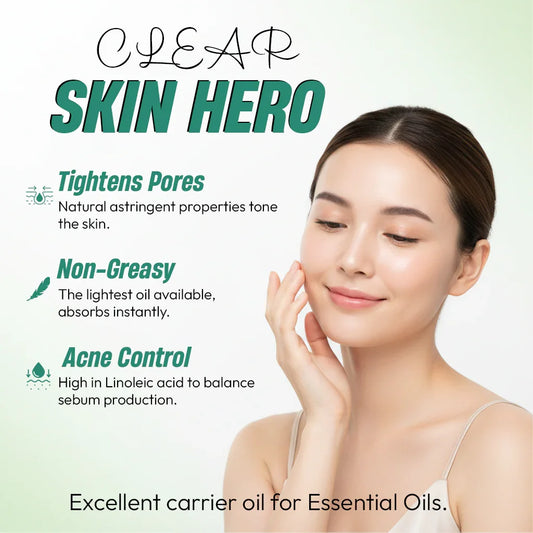 Woman touching face with benefits of grapeseed oil for clear, non-greasy, acne-prone skin listed.