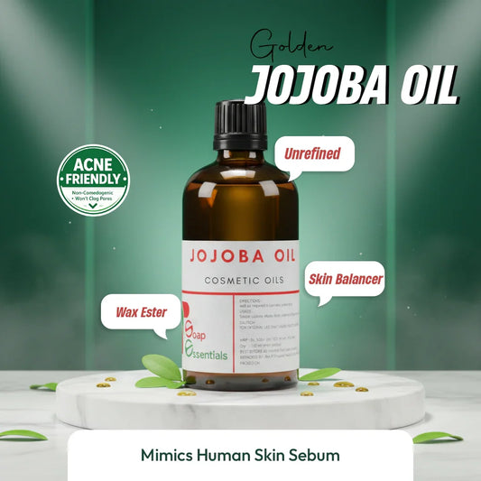 Amber bottle of golden jojoba oil on marble with acne-friendly and skin balancer labels.