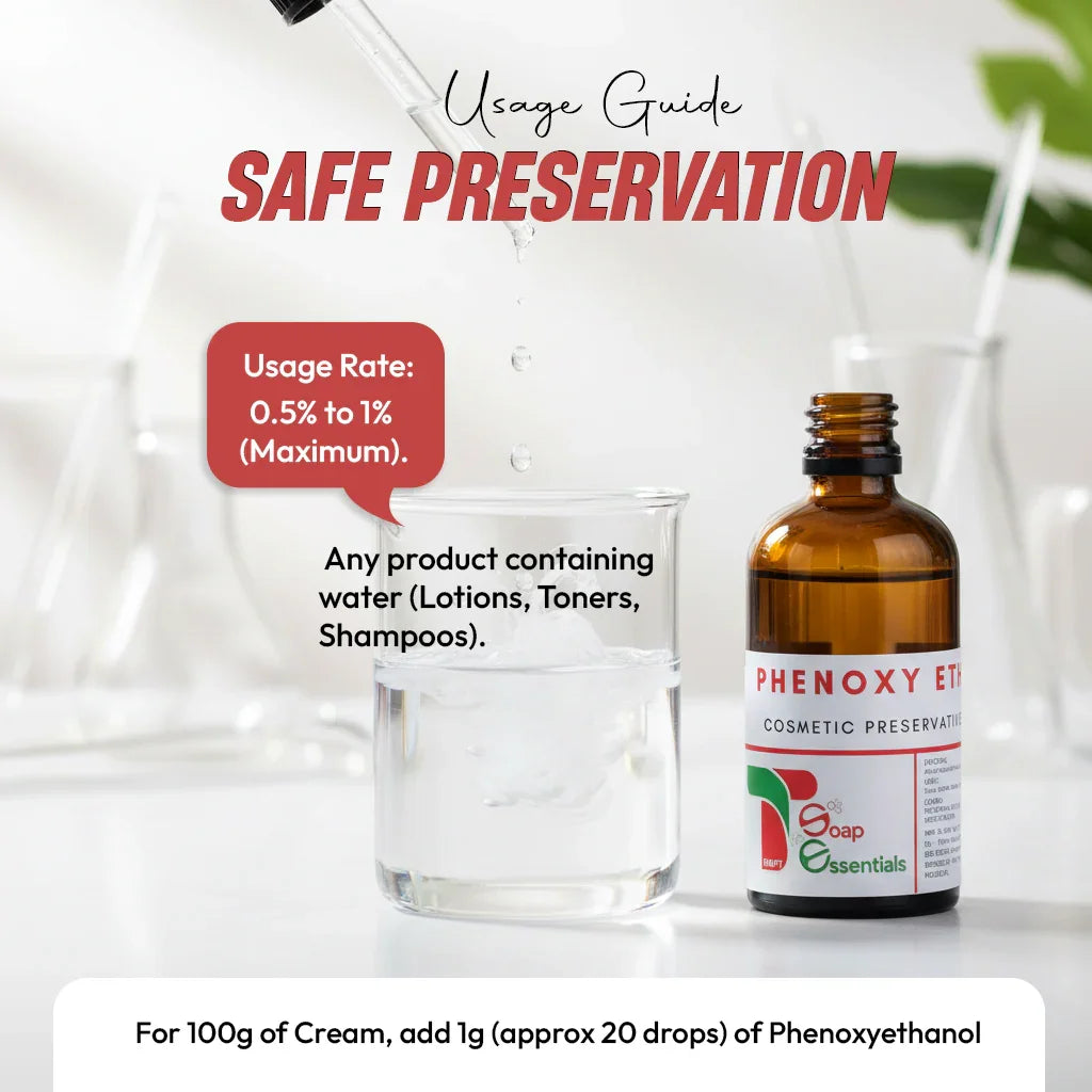 Phenoxyethanol bottle beside clear liquid in glass, illustrating cosmetic preservative usage