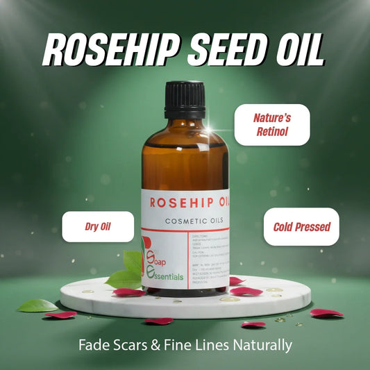 Rosehip seed oil cosmetic bottle on display, labeled dry oil, cold pressed, nature’s retinol, with rose petals and green leaves.