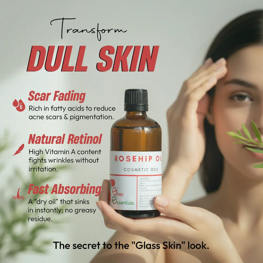 Rosehip oil bottle held by woman, text highlights scar fading, anti-aging, fast absorbing skincare benefits.