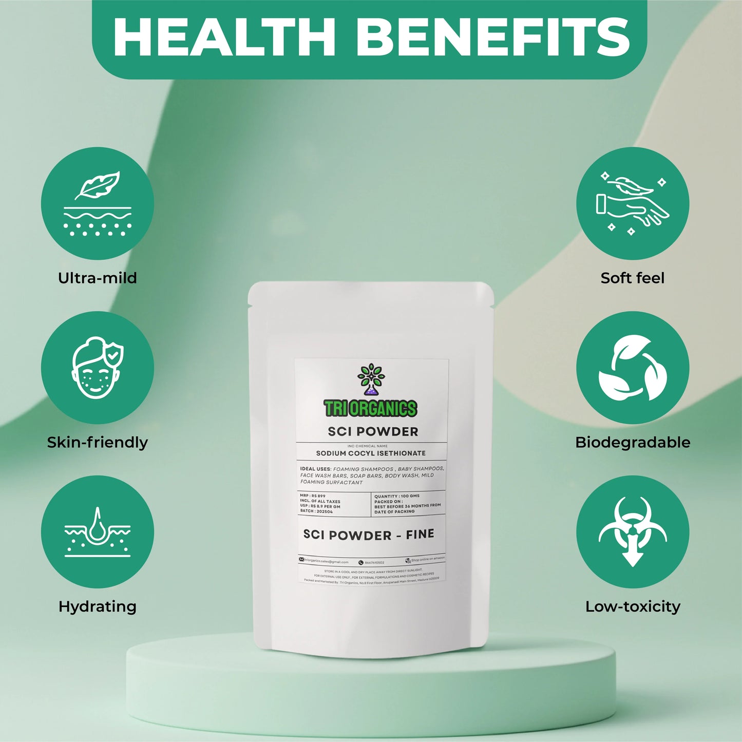 SCI powder pouch for skincare, highlighting ultra-mild, hydrating, biodegradable benefits