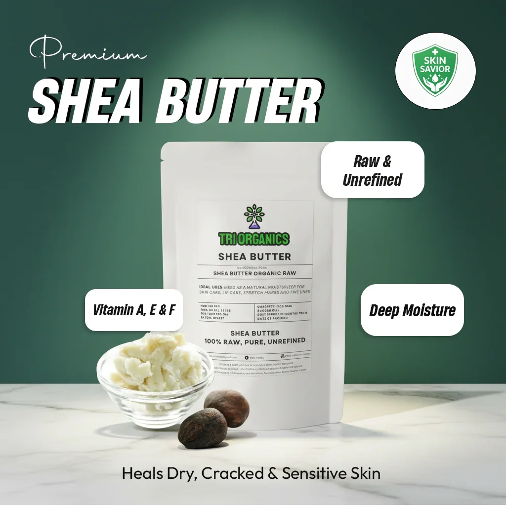 Raw unrefined shea butter pouch with shea nuts and butter; deep moisture for sensitive skin.