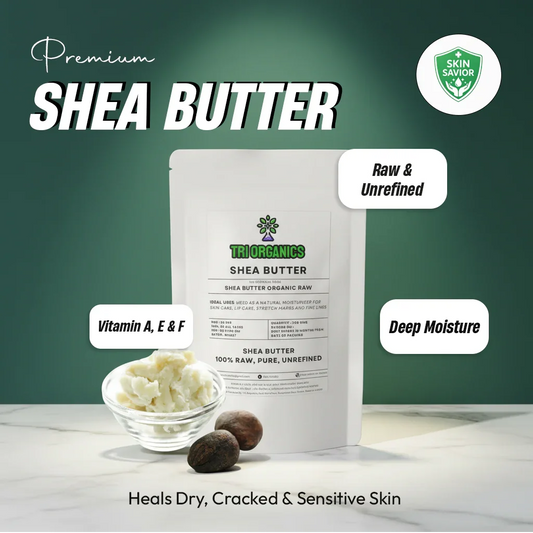 Raw unrefined shea butter pouch with shea nuts and butter; deep moisture for sensitive skin.