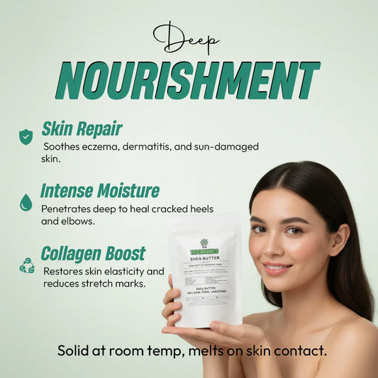 Woman holding a bag of shea butter, highlighting skin repair, intense moisture, and collagen boost benefits.
