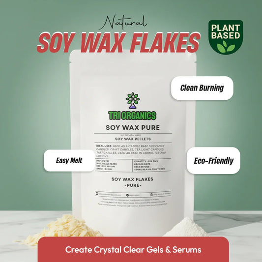 Plant-based natural soy wax flakes in white pouch, clean burning, eco-friendly, easy melt.