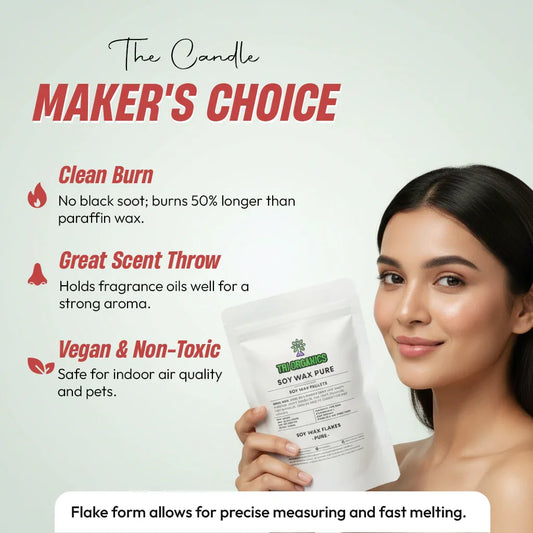Woman holding Tri Organics soy wax flakes, vegan, non-toxic, clean burn candle making ingredient